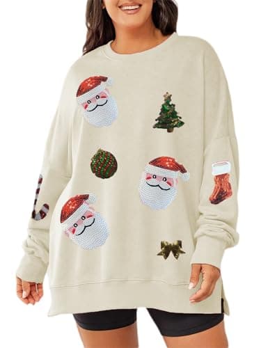 Image of Anuedgis Women's Sparkly Christmas Sweatshirt Long Sleeve Crewneck Graphic Sequin Jumpers Festive Family Outfits for Holiday Party (E-Ivory, L)