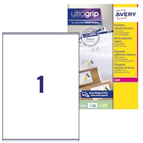 Image of Avery L7167 Printable, Customisable Parcel Shipping Labels, Laser Printers, 1 Label Per A4 Sheet, 100 Labels, UltraGrip, White,99.6 x 289.1