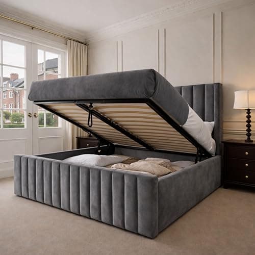 Image of J&S BEDS Super King Bed Frame with Storage Upholstered Plush Velvet Bed Frame, Modern Look Strong & Durable Structure - 6FT Super King Bed Frame Ottoman with Gas Lift - Grey