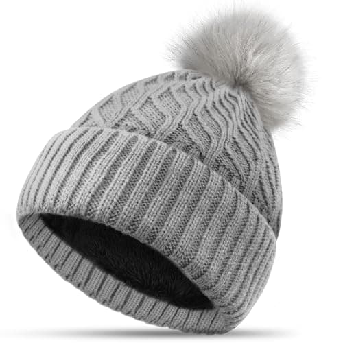 Image of FORVEVO Beanie Hats for Women Bobble Hat Grey Winter Hats Double Fleece Layer Line with Pom Pom Wooly Hat Women