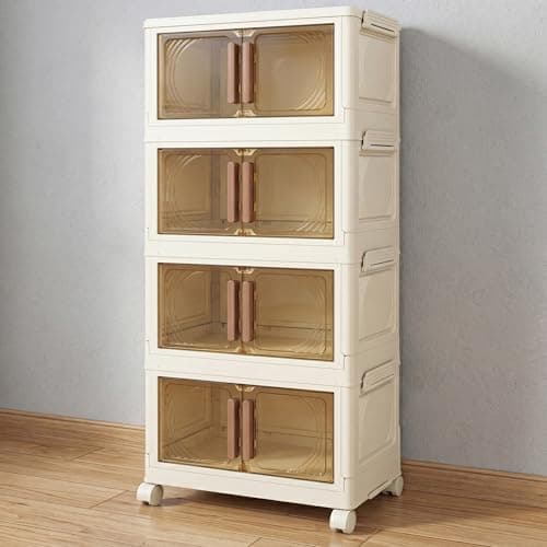 Image of Klass Home Collection Stackable Storage Boxes With Lids, 4-Tier 23L/Tier Plastic Storage Drawers on Wheels 1 Lid, Cabinet Storage Unit With Drawers For Home, Bedroom, Kitchen, Bathroom (4 x 23L/Tier)