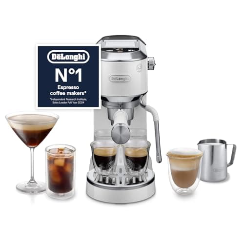 Image of De'Longhi Dedica Duo EC890.WI, Traditional Barista Pump Machine, Cold Brew, Manual Coffee Machine with My LatteArt Steam Wand, 15 cm Wide, 2 Shot, Touch Display, Mug up to 13cm, White
