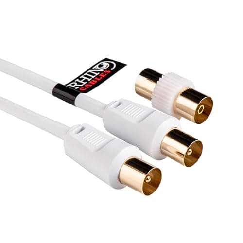 Image of rhinocables Coaxial TV Aerial Cable with Gold-Plated Connectors | Male to Male RF Coax Lead with Female Adapter | Universally Compatible Fly Lead for HD/Standard TVs & Satellite Receivers (10m,White)