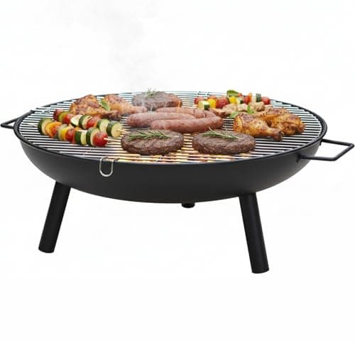 Image of Crystals 58cm Outdoor Fire Pit – Steel Fire Bowl for Garden, Patio or Camping, Log & Charcoal Burner BBQ Brazier, Portable Heater for Picnic & Outdoor Use – Matt Black Finish (With BBQ Grill)
