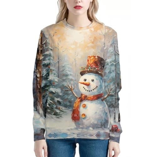 Image of JooMeryer Women's Van Gogh Starry Night 3D Printed Crew Neck Sweatshirts Pullover, Cute White Snowman, XS