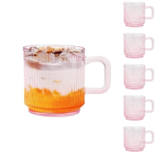 Image of binsakao Glass Coffee Mugs 6 Pack - 340 ml Pink Coffee Cups with Handles - Classic Vertical Stripes Transparent Tea Cup Set for Hot Cold Beverages