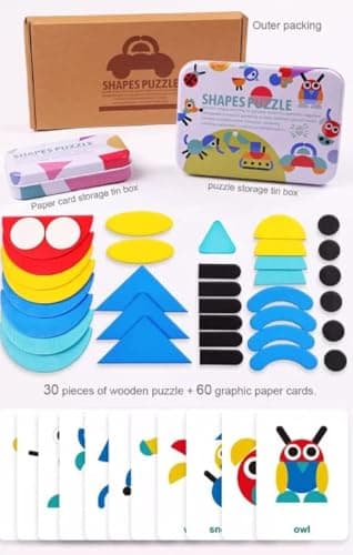Image of Flex Wooden Tangram puzzle for Kids Toddlers Montessori Educational Learning toy for Boy Girl 3 4 5 6 Years old 60 Double sided cards Wooden Pattern Blocks Brain Teaser Animal Jigsaw Birthday Gift