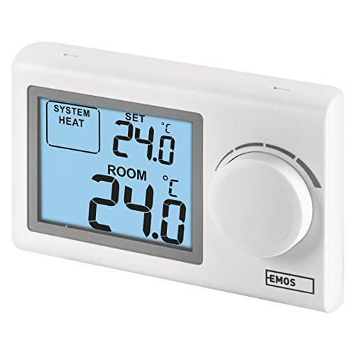 Image of EMOS - digital room thermostat with LCD display - manual, wired - heating and cooling systems - temperature control 5-35 °C - surface-mounted - simple operation - battery incl. - white