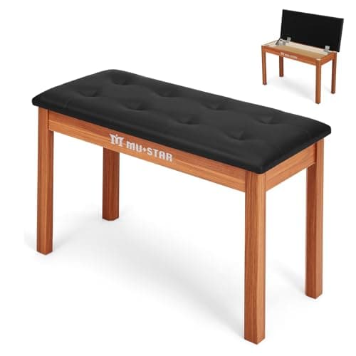 Image of MUSTAR Piano Bench Piano Stool with Storage, 74cm Large Seat Solid Wooden Keyboard Bench, Soft Faux Leather Padded Seat for Vanity, Living Room, Bedroom (Brown)