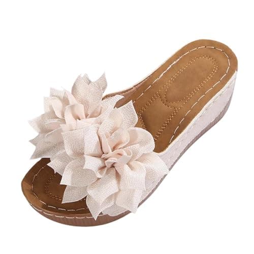 Image of Womens Sandals Summer Platform Slip On Open Toe Heel With Floral Design Breathable Casual Beach Slide Shoes (Beige, 5.5) for Holiday