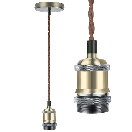 Image of Licperron Vintage Pendant Light Fitting Kit, Brown Twisted Braided Flex Ceiling Lamp, E27 Light Fitting Kit - Antique Brass. 1pack