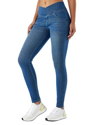 Image of Keolorn V Crossover Skinny Jeans Women High Waist Pull onTummy Control Casual Fitness Leggings, Highly Elasticity Yoga Pants, Medium Blue(cat Whisker Style), 3X-Large Plus Extra Tall