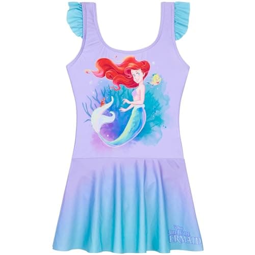 Image of Disney The Little Mermaid Girls Swimming Costume 3-8 Yrs, One Piece Swimwear Dress for Girls with Briefs, Swimsuit Accessory (4-5 Years, Purple Little Mermaid)