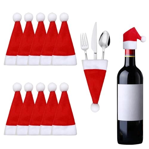 Image of Red Christmas Caps Cutlery Holder 10pcs, Xmas Knife Spoon Fork Bag Santa Hats Silverware Holders Mini Santa Hats Tableware Holder Felt Christmas Fork Pockets for Xmas Table Cutlery Wine Bottle Decor