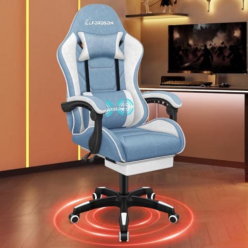 Image of ELFORDSON Gaming Chair with 2-Point Massage Lumbar Cushion, High Back PC Computer Game Chair, 150° Reclining Office Chair with Headrest & Footrest, 360° Swivel, Fabric, Blue - Home, Esports