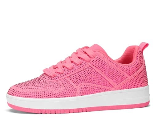Image of LUCKY STEP Women Fashion Sparkle Rhinestone Sneakers White Leather Low Top Tennis Shoes Lace Up Casual Comfortable Walking Shoe (Fuchsia Rhinestone, 6US-36EU-3UK)