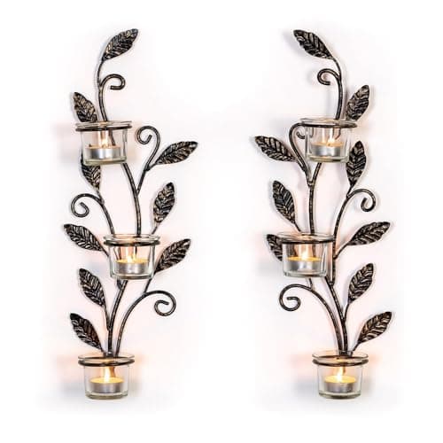 Image of Sziqiqi Wall Candle Holders Leaf - Black Wall Sconces Candelabra with 6 Tealight Glass Wall Mounted Tea Light Candle Sconce for Candles for Living Room Bathroom Dining Room