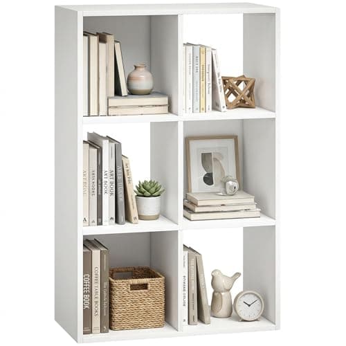 Image of HOMCOM Industrial Style Storage Shelf, Bookcase, Bookshelf with 6 Compartments, Freestanding Shelving Unit for Living Room, Home Study, White Wood Effect