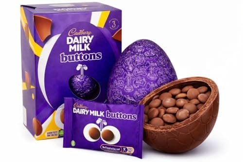 Image of Cadbury Dairy Milk Buttons Chocolate Easter Egg, Includes 1 Large Egg and 1 Chocolate Bag Perfect For Easter Egg Hunt Great Gift For Kids & Adults