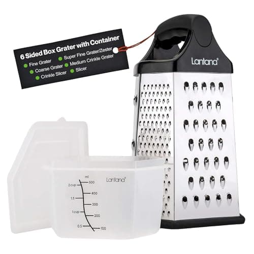 Image of Lantana Cheese Grater for Kitchen with Container & Lid - Handheld Stainless Steel Box Food Shredder with Handle and 6 Essential Functions for Coarse, Medium, Fine, or Micro Grating/Shredding/Zesting