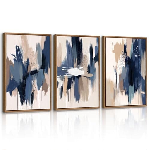 Image of 3 Pcs Abstract Framed Canvas Wall Art Set, Minimalist Beige Blue Watercolor Wall Decor Painting, Nordic Modern Neutral Art Prints Wall Pictures for Living Room Bedroom Dining Room Office 30X40cmX3