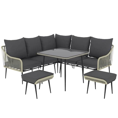 Image of Outsunny 6 Pieces Rattan Garden Furniture Set, Garden Corner Sofa with Thickened Cushions, Outdoor Dining Set with Glass Top Dining Table, Loveseats and Footstools for Conservatory, Light Grey
