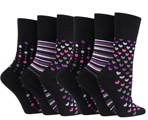 Image of Diabetic Socks for Womens 6 Pairs, CUTE PATTERN Gentle Grip Ladies Sock with COMFORT Top, Womens Diabetic Socks size 4-7 UK (UK, Alpha, One Size, Regular, Regular, HDS-P)