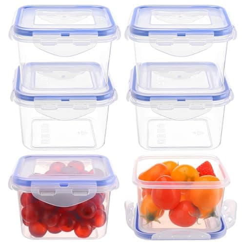 Image of 6 Pack Small Food Containers with Lids,Airtight Plastic Food Storage Container Snack Pots Square Leakproof Stackable Container Set Storage Pots with Clip-Lock Lid for Friut,Yoghurt,Snack(430ml)