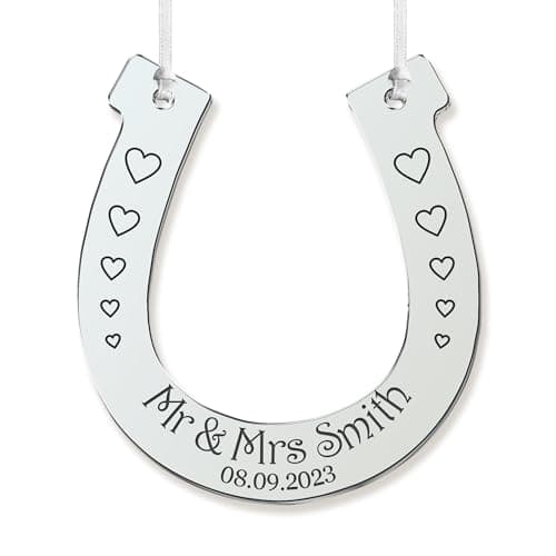 Image of Personalised Wedding Horseshoes Horse Shoe Wedding Gift for Bride Mirrored Acrylic Horseshoe Mr & Mrs Wedding Bridal Good Luck Horseshoe Gift Engagement New Couple Gift(Silver Design 1)