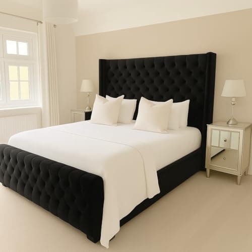 Image of Bespoke Chesterfield Plush Velvet Cannas Wingback Bed - Mattress/Gas Lift Options - UK Made - Double/King/Super King (Black Plush, King size 5ft Bed Frame)