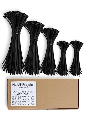 Image of Haus Projekt Cable Ties 500 Pack Black, Assorted Size Zipties, 100/200mm x2.5, 200x4.8, 300x3.6, Cable Management Tidy, Heavy Duty Plastic Zip Tie Wraps, Garden Cable Ties, Small Long Wire Organiser