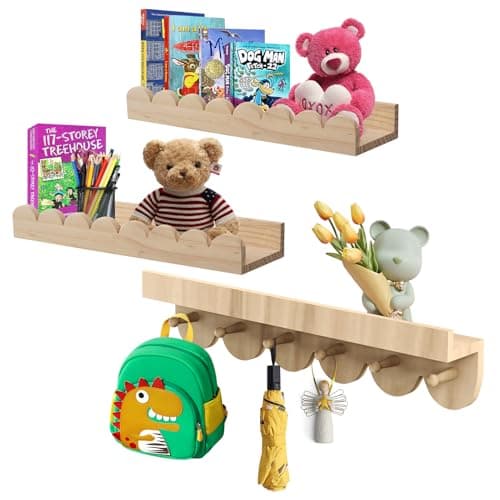 Image of Emooncn Wooden Nursery Book Shelves with Round Hooks,Set of 3 Nursery Shelves Baby Floating Shelves Book Shelf Toys Storage Organizer Wall Bookshelf for Kids Bedroom Living Room,Easy to Hang, 40CM
