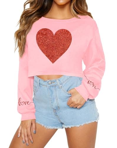 Image of For G and PL Women's Valentines Crop Tops Funny Heart Graphic Valentine Sweatshirts Long Sleeve Valentine Pullover Tops Pink XS