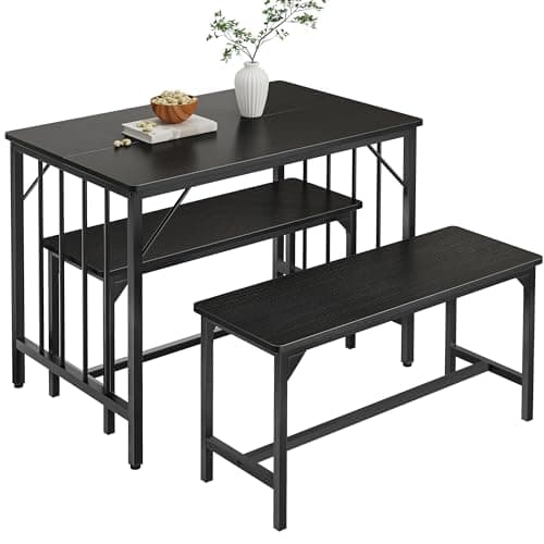 Image of YITAHOME Dining Table and 2 Chairs Set, 3 Piece Dining Room Set with Bench, Space Saving Breakfast Dining Table Set Dining Room Furniture for Kitchen, Apartment, Black
