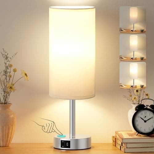 Image of PreeOtti White Bedside Lamp, Small Lamp with for Bedroom/Living Room/Study, Silver Base(Bulb Included)