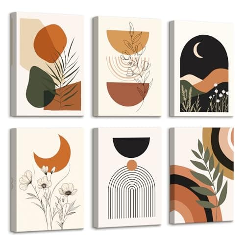 Image of 6 Pcs Wooden Framed Canvas Wall Art Set Boho Colorful Geometric Lines Canvas Prints Bohemian Green Plants Flowers Painting Mountain Moon Pictures for Living Room Bedroom Hallway Wall Decor 20x30 cm x6