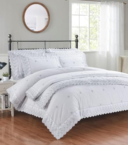 Image of Rapport home Luxury Double Duvet Cover Set | Elegant Silver Floral Embroidery & Lace Broderie Anglaise Design | Premium Gabrielle Bedding | White