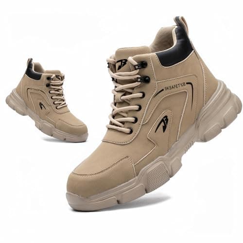 Image of ZSDZSZ Steel Toe Cap Boots Mens Waterproof Safety Boots Women Lightweight Safety Trainers Non Slip Work Boots, Beige, UK 9