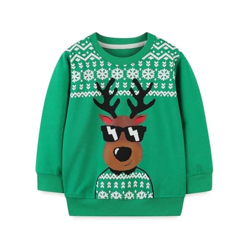 Image of LitBud Kids Christmas Sweatshirts for Boys Toddler Clothes X mas Reindeer Jumper Girl Cotton Top T Shirt Long Sleeve Crewneck Pullover Autumn Winter Green Size 5-6 Years Old 6T