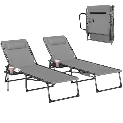Image of Outsunny Folding Sun Loungers Set of 2 with Cup Holder, 5-Position Adjustable Reclining Garden Loungers, Portable Recliner Sunbed with Side Pocket, Head Pillow for Patio Beach Camping, Grey