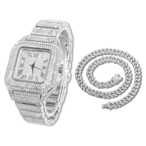 Image of HALUKAKAH Diamonds Gold Watch Iced Out, Men's Platinum White Gold Plated 40MM Width Square Dial Quartz Wristband 24cm with Cuban Link Chain 45cm Necklace Set, Free Giftbox