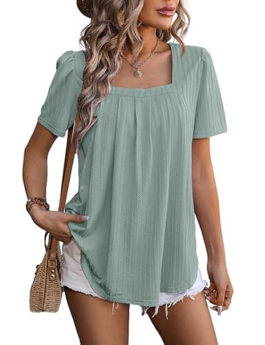 Image of Flikity Party Tops for Women UK, Square Neck Women Top Puff Sleeve Blouses Ladies Tops Size 8-10 Casual Office Work Clothes Flowy Summer Tunic Shirts Green S