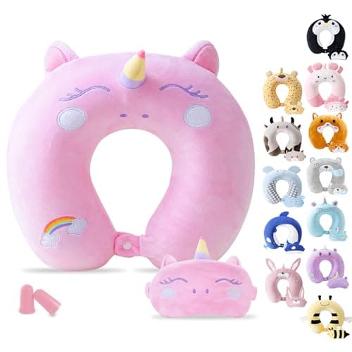 Image of Cirorld Kids Travel Pillow Cute Neck Pillow Traveling Memory Foam Airplane Pillow with Sleep Mask Animal Flight Head Rest Neck Support for Cars Long Flights Sleeping Girls Boys-pink unicorn