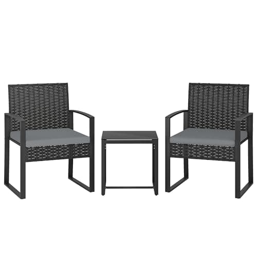 Image of Outsunny 3 Piece Rattan Bistro Set, PE Wicker Garden Furniture Conversation Set, Tempered Glass Bistro Table and Chairs with Cushions for Patio, Balcony, Porch, Light Grey