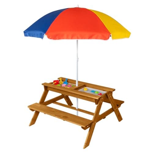 Image of Bonnlo Kids Picnic Table with Umbrella, 4-in-1 Wooden Sand and Water Play Table & Bench Set, Outdoor Sensory Table for Toddlers with Storage Bins, Children Garden Furniture, Teak