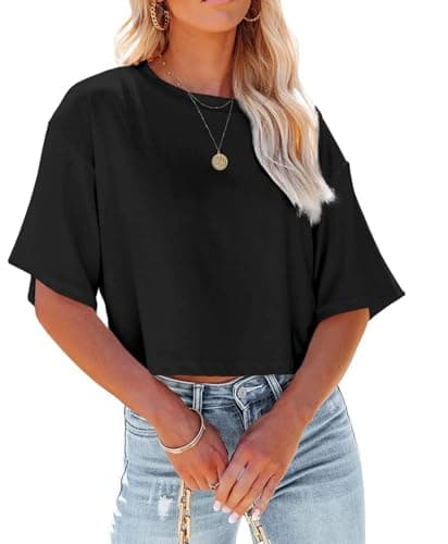 Image of Suncife Womens Workout Crop Tshirt Tops Hlaf Sleeve Casual Basic Loose Fit Tees T Shirt (Black,L)