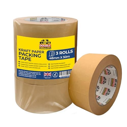 Image of Double Dragon Heavy Duty Brown Kraft Tape 50m Long, 48mm Wide (3 Rolls) | Writable, Self-Adhesive Recyclable Tape for Packing, Shipping, Sealing Boxes, Moving & Wrapping | Eco-Friendly & Biodegradable