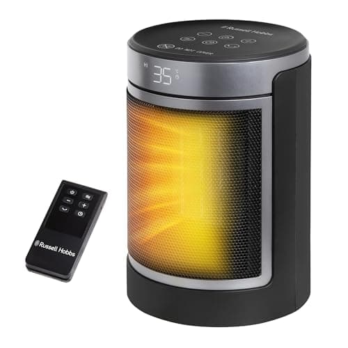 Image of Russell Hobbs Space Heater in Black & Silver 1500W Silent Portable Oscillating Ceramic Round Electric Heater, Low Energy Digital Display, 4 Modes, 24hr Auto Timer, Overheat Protection, RHCH2002S