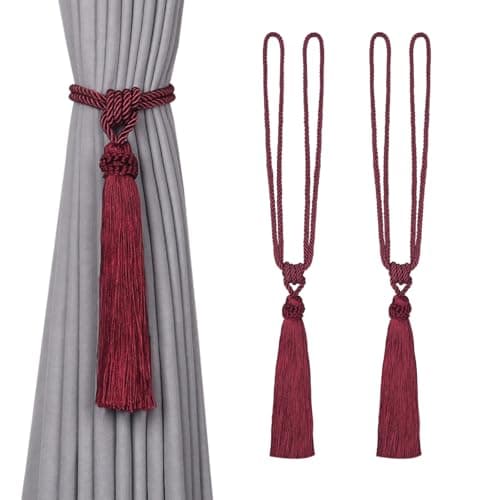 Image of Pretty Jolly 2 Pack Long Tassel Curtain Tiebacks European Style Decorative Drape Tie Backs Elegant Handmade Braided Rope Knot Curtain Holdbacks for Home & Office Window Drapery (Wine Red)