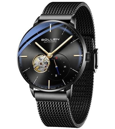 Image of SOLLEN Men's Luxury Skeleton Watches, Black Cool Stylish Minimalist Automatic Watch with Luminous Hands & Second Subdial, 30M/3ATM Waterproof, Casual Unique Mechanical Self-Winding Wrist Watch - 42mm